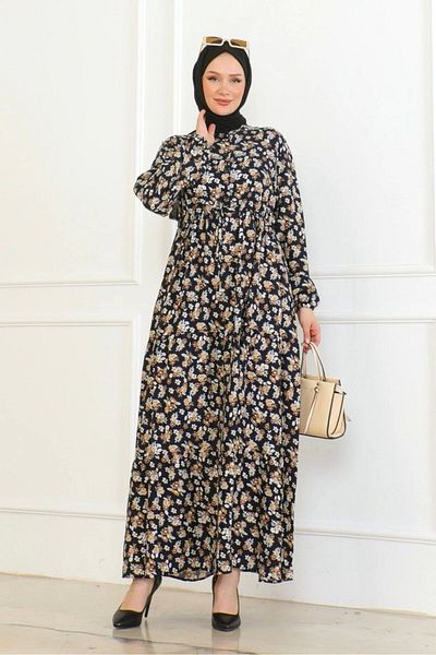 Neva Style Floral Patterned Laced Viscose Fabric Dress - Navy Blue
