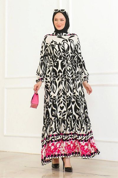Neva Style Colorful Patterned Viscose Dress - Black/Pink
