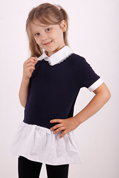 Toontoy Tricou cu guler cămașă pentru fetiță, cu detaliu din dantelă