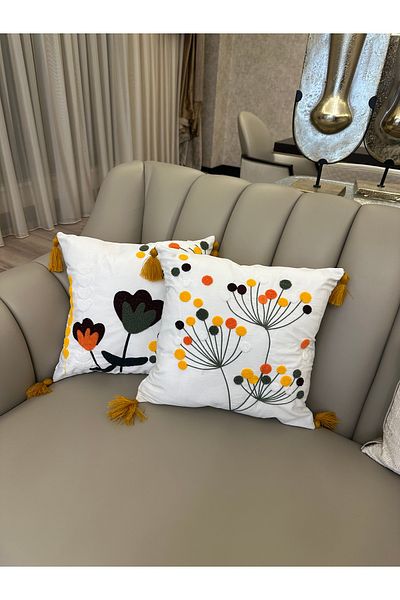 Reset Macasa White Fabric Punch Embroidered 4 Piece Throw Pillow Cover