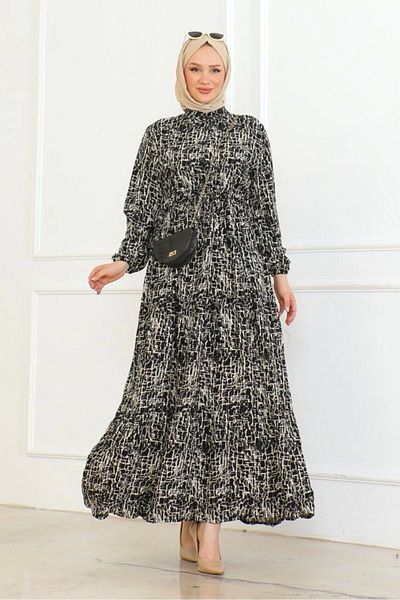 Neva Style Stripe Patterned Viscose Dress with Tie Detail - Black