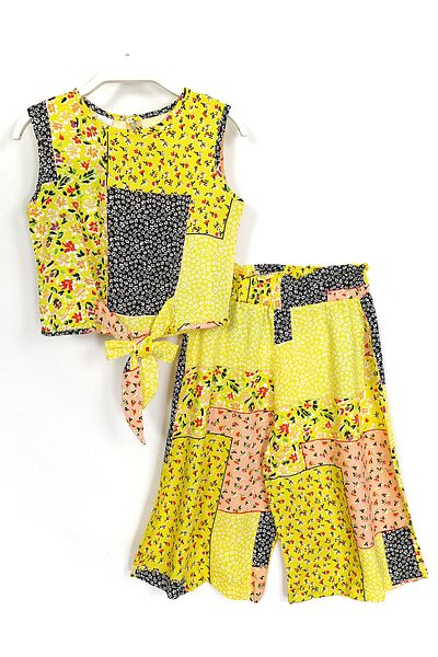 DobaKids Yellow Girl's Crop Suit - Detailed Summer