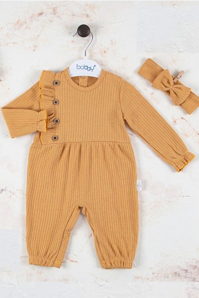 Eng Button Detailed Bandana 100% Cotton Baby Girl Jumpsuit