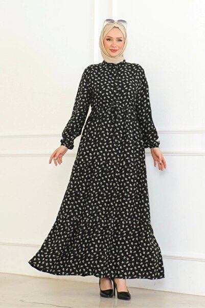 Neva Style Gül Desenli Viskon Elbise - Haki