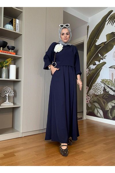 Aselim Hijap Moda Brooch Detailed Skirt Suit Navy Blue