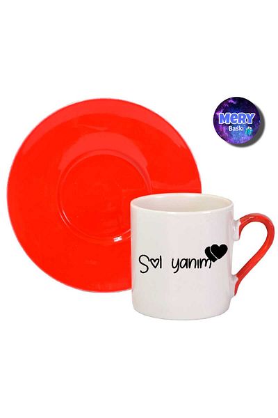 Tasarım "My Left Side" Heart Printed Turkish Coffee Cup with Red Handle as a Gift for Lovers