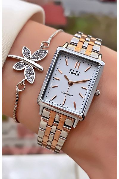 Q&Q Rose Silver Color 2 Years Warranty Women's Wristwatch - Bracelet Gift