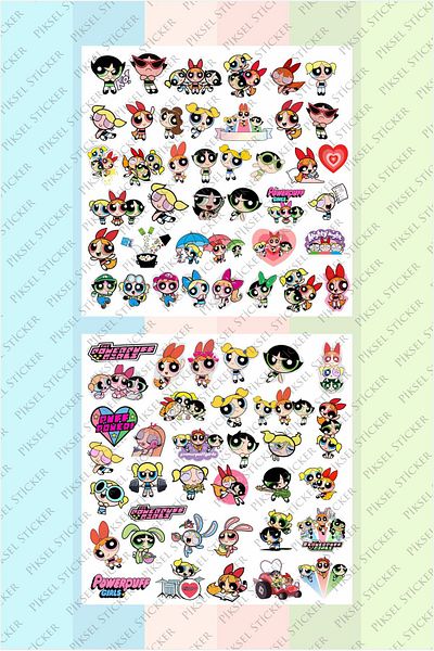Piksel Grafik Powerpuff Girls Sticker Set - 75 Pieces, Pen, Laptop Notebook and Water Bottle