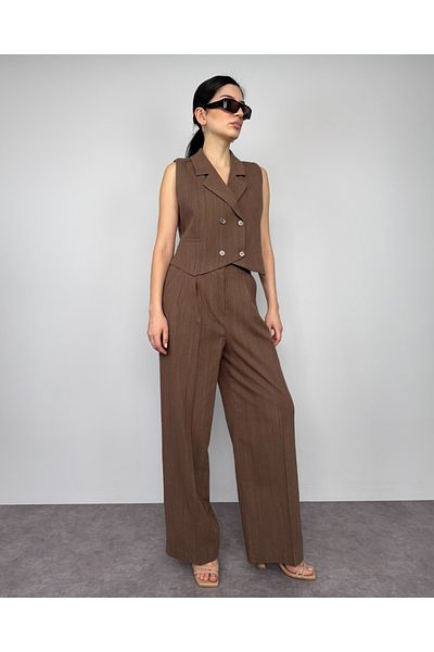 DEQ FASHION Coffee Color Pallazzo Trousers Vest Raw Linen Double Set