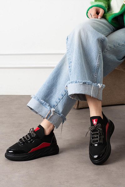 ShoeTek Polivya Women's Sneakers - Stone Tied Tricot Texture Sports Shoes - Black/Red Patent Leather