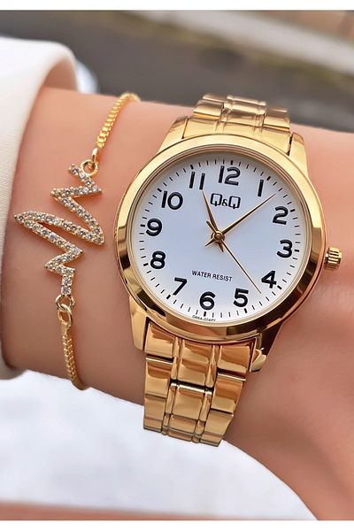 Q&Q Golden Yellow 2 Years Warranty Steel Cord Small Case Women Wrist Watch - Bracelet Gift