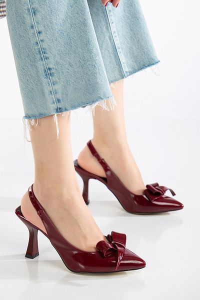 ftclothing Ft Bow Detailed Burgundy Classic Patent Leather Pointed Toe Heeled Shoes
