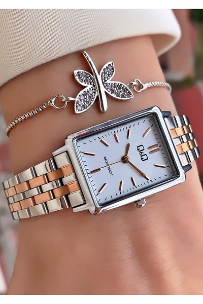 Q&Q Rose Silver Color 2 Years Warranty Women's Wristwatch - Bracelet Gift
