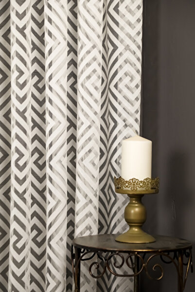 Evdepo Home Geometric Pattern Knitted Tulle Non-Pleated Straight Sewing, Extrafor Shirring, Tulle Curtain Single Wing - Cream