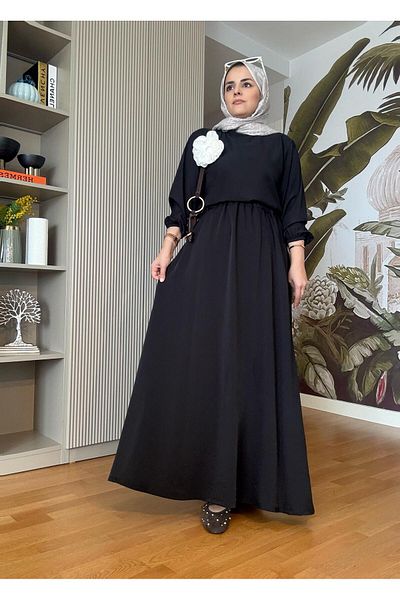 Aselim Hijap Moda Black Brooch Detailed Skirt Suit