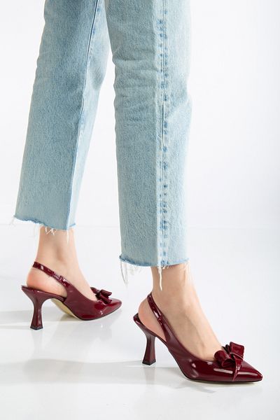 ftclothing Ft Bow Detailed Burgundy Classic Patent Leather Pointed Toe Heeled Shoes