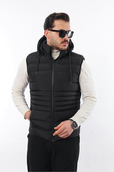 FASHION Нов сезон черна жилетка с пуф с качулка и качулка