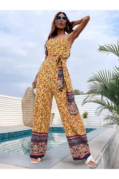 FASHION COCKTAIL Authentic Pattern Set - Strappy Crop Pants and Summer Mustard