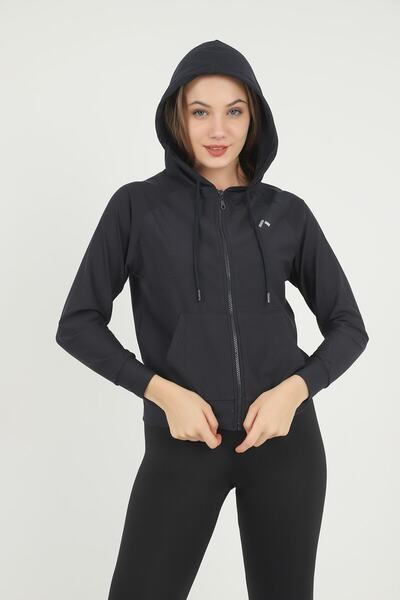 missmaral Női pulóver kapucnis kenguru zsebes cipzáras búvárszövet sötétkék 5040