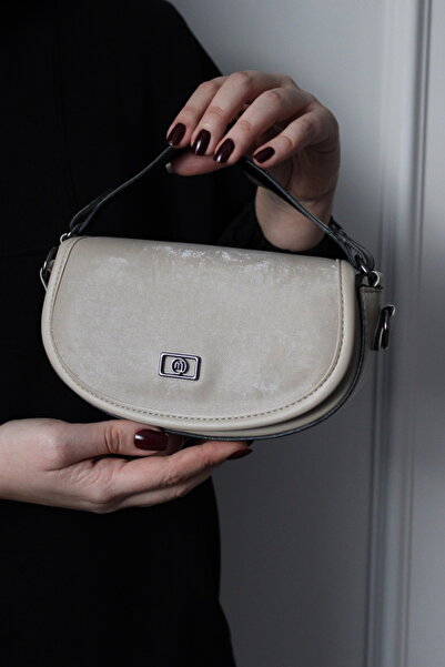 Mimoza Women's Beige Velvet and Leather Detailed Shoulder Bag