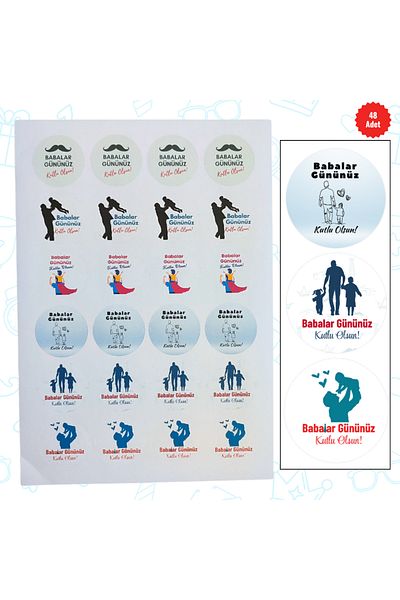 MUTLUYÜZ Father's Day Labels (Sticker) Matte Print, 48Pcs, 4 cm X 4 Cm, "Happy Father's Day"