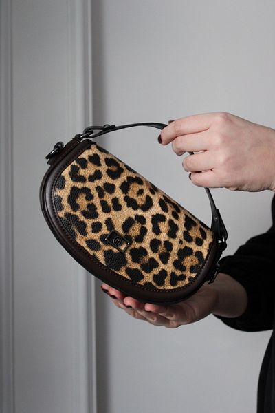 Mimoza Women's Leopard Velvet and Leather Detailed Shoulder Bag