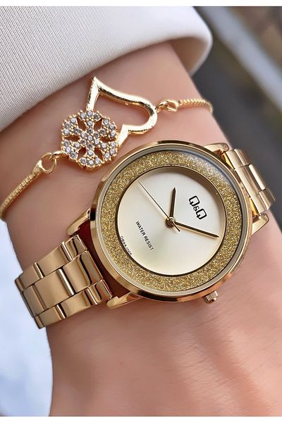Q&Q Gold Yellow Steel Cord Small Case Women's Wristwatch - Bracelet