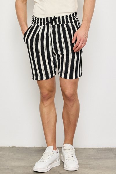 MADZEYMODA Premium Men's Knitted Fabric Ecru-Black Striped Shorts Ls-93065