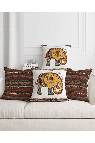 Mumi Dekor African Themed White Background Coffee Color Stripe Set of 4 Sofa Cushion Throw Pillow Cases