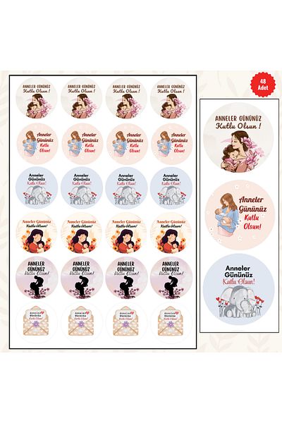 MUTLUYÜZ Mother's Day Labels (Sticker) Matte Print, 48Pcs, 4 cm X 4 Cm, "Happy Mother's Day"