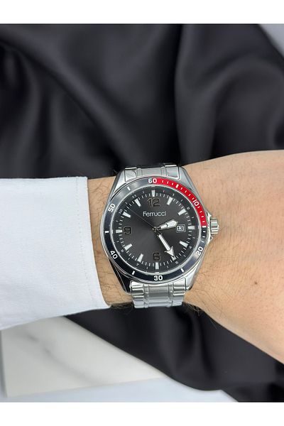 Ferrucci Silver Band Black Dial Sports Design Steel Band Ferrucci Men's Wristwatch