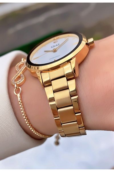 Q&Q Golden Yellow 2 Years Warranty Steel Cord Women's Wristwatch - Bracelet Gift