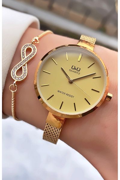 Q&Q Golden Yellow 2 Years Warranty Steel Mesh Cord Women's Wristwatch - Bracelet Gift