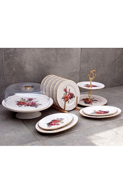 Pinkev 14 Piece Ceramic Cake Presentation Plate Set