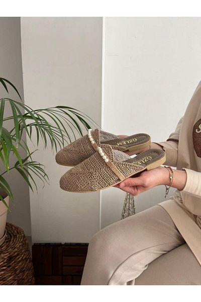 Behtah Kundura Women's Closed Front Straw Slippers Lace Knitted Pearl Rhinestone Dowry Casual Slippers