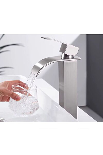 RENA DESIGN Inox Sink Faucet Oval Outlet High Basin Model Tall Dual Entry Muslu Bathroom Matte Gray