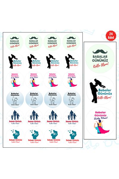 MUTLUYÜZ 24 Pcs - Father's Day Labels (Sticker) Matte Print, 4 cm X 4 Cm, "Happy Father's Day"