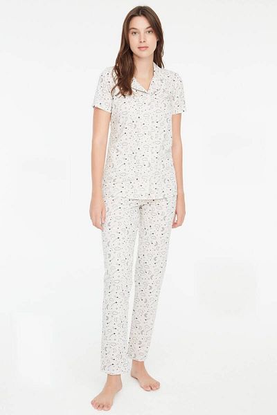Mod Collection Women's Night Patterned Neck Placket Pajama Set Beige
