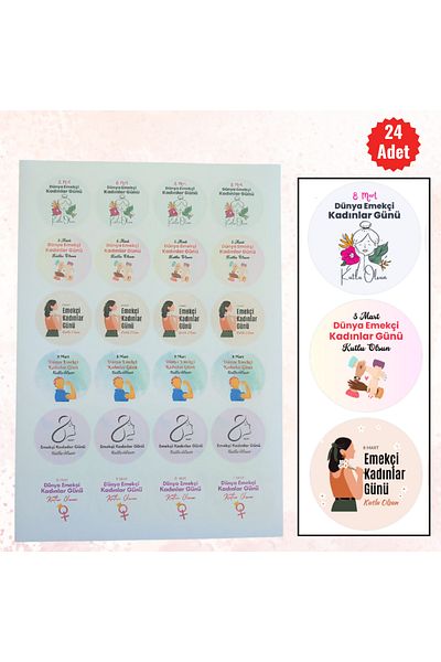 MUTLUYÜZ 24 Pcs, 8 March International Labour Women's Day Sticker (Sticker)Matte Printing 4cm X 4cm "International Labour Women's Day"