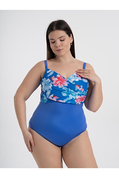 AQUAVİVA Aquaviva Kadın Büyük Beden Mavi Çiçek Desen Brunella Balen Destekli Mayo