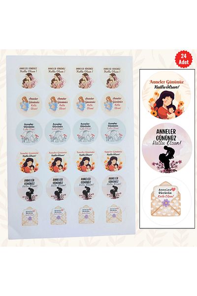 MUTLUYÜZ 24Pcs -Mother's Day Labels (Sticker) Matte Print, 4 cm X 4 Cm, "Happy Mother's Day"