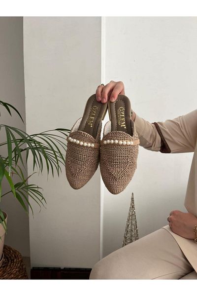Behtah Kundura Women's Closed Front Straw Slippers Lace Knitted Pearl Rhinestone Dowry Casual Slippers