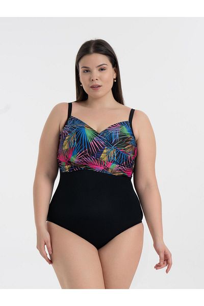 AQUAVİVA Aquaviva Women's Plus Size Black Palm Pattern Brunella Underwire Support Swimsuit