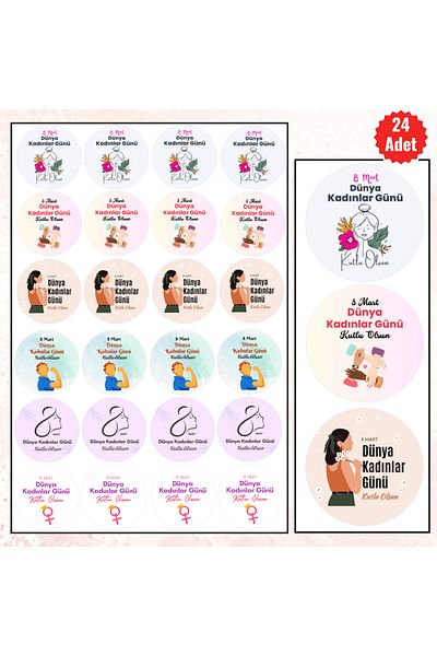 MUTLUYÜZ 24LÜ, 8 March Women's Day Labels (Sticker) Matte Printing, 4 cm X 4 cm "International Women's Day"