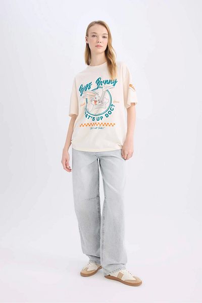 DeFacto D9110 Ecru Cool Looney Tunes Oversize Wide Fit Crew Neck Printed Short Sleeve T-Shirt