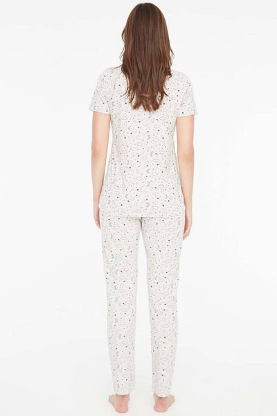 Mod Collection Women's Night Patterned Neck Placket Pajama Set Beige