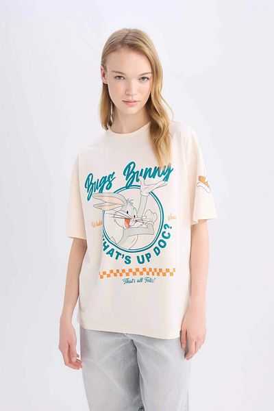 DeFacto D9110 Ecru Cool Looney Tunes Oversize Wide Fit Crew Neck Printed Short Sleeve T-Shirt