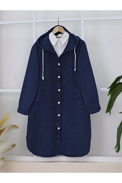 Modamorfo Hooded Buttoned Oval Cut Denim Cap - Navy