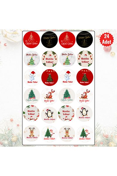 MUTLUYÜZ 24 Pack New Year Labels (Sticker) Matte Printing, 4 cm X 4 cm "Happy New Year"