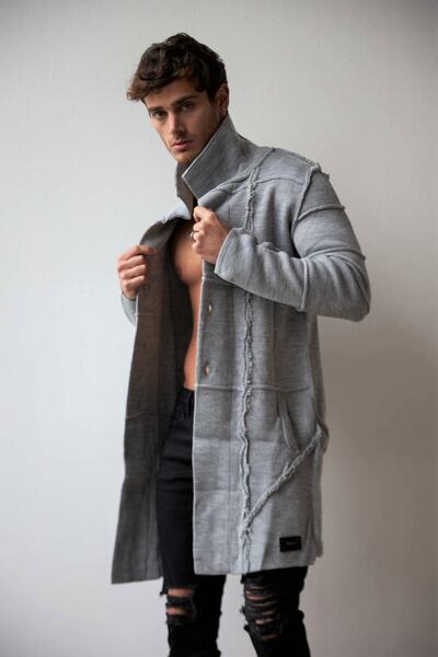 THIMOON Men's Gray Buttoned Poncho Knitwear Cardigan